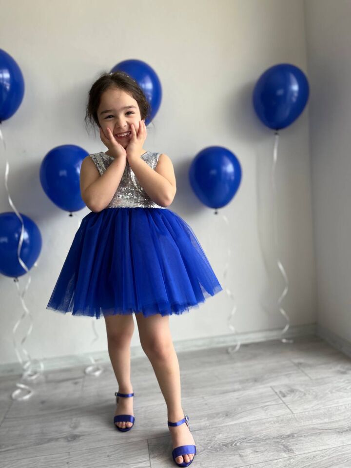 Saks Mavisi Tütü Etek Detaylı Gümüş Payet Kız Çocuk Parti Elbisesi
