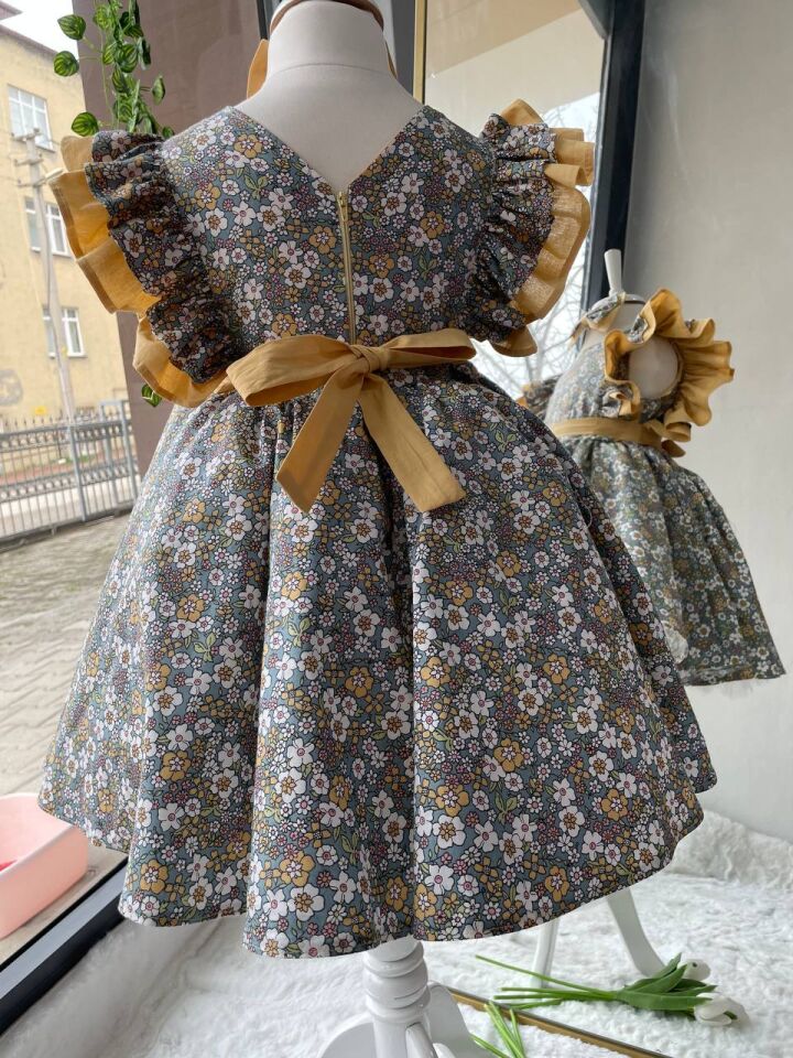 Kız Çocuk Çıtır Desen Poplin Fırfırlı Kabarık Özel Tasarım Doğum Günü Elbisesi (%100 pamuk) +  Toka