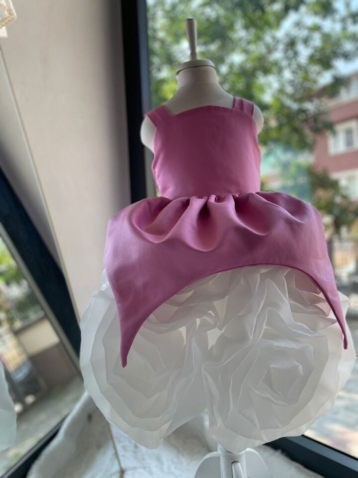 Pembe Beyaz Eteği Çiçek Motifli Kız Çocuk Davet Elbisesi, Kız Çocuk Abiye