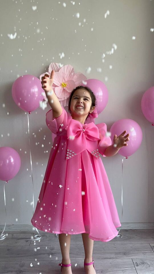 Prenses Şeker Pembe Kız Çocuk Dans Elbisesi, Fiyonk Yaka Merasim Abiye Elbisesi + Toka