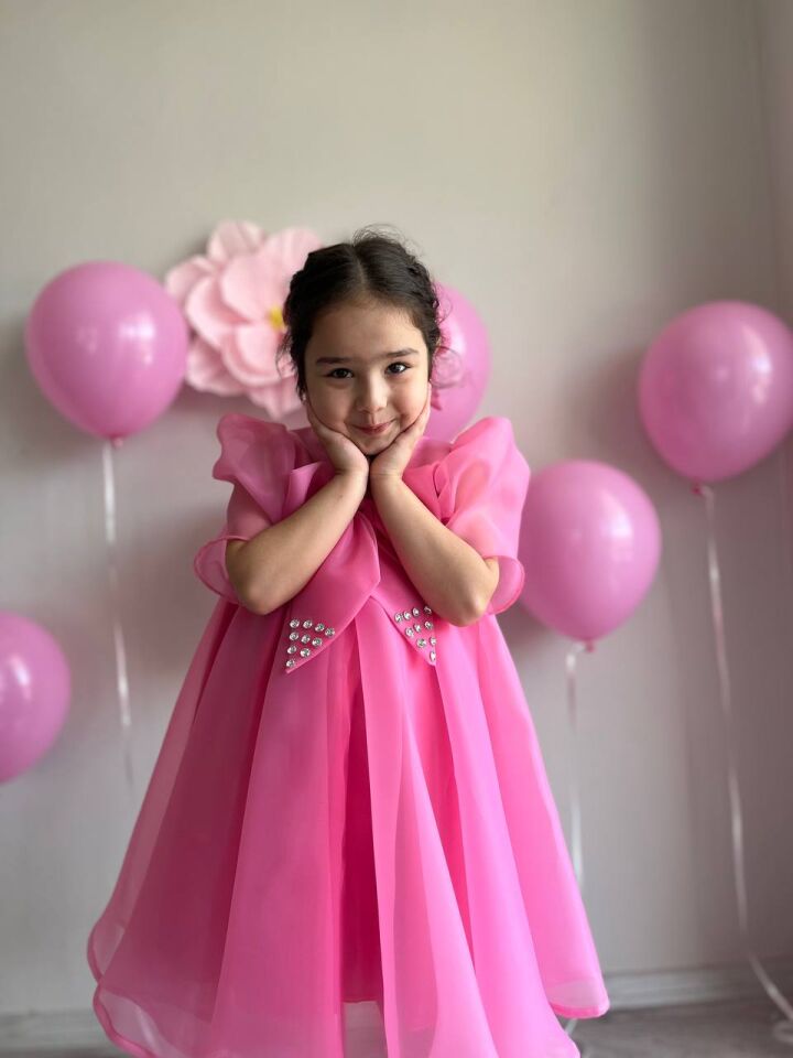 Prenses Şeker Pembe Kız Çocuk Dans Elbisesi, Fiyonk Yaka Merasim Abiye Elbisesi + Toka