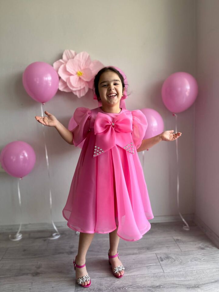 Prenses Şeker Pembe Kız Çocuk Dans Elbisesi, Fiyonk Yaka Merasim Abiye Elbisesi + Toka