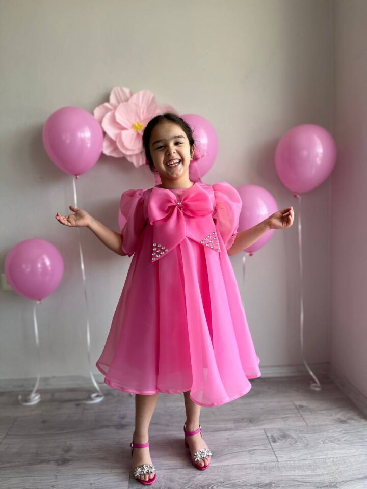 Prenses Şeker Pembe Kız Çocuk Dans Elbisesi, Fiyonk Yaka Merasim Abiye Elbisesi + Toka