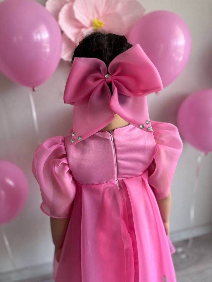 Prenses Şeker Pembe Kız Çocuk Dans Elbisesi, Fiyonk Yaka Merasim Abiye Elbisesi + Toka