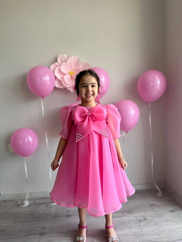 Prenses Şeker Pembe Kız Çocuk Dans Elbisesi, Fiyonk Yaka Merasim Abiye Elbisesi + Toka