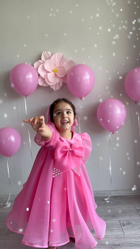 Prenses Şeker Pembe Kız Çocuk Dans Elbisesi, Fiyonk Yaka Merasim Abiye Elbisesi + Toka