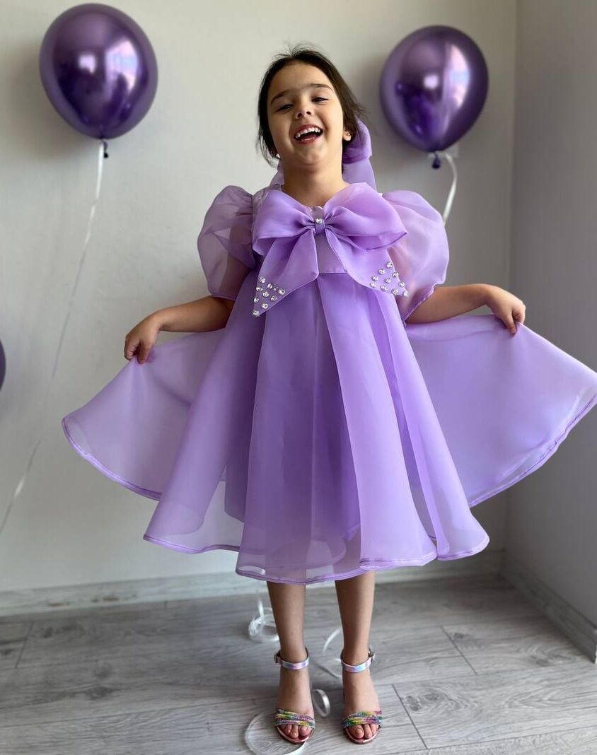 Prenses Lila Kız Çocuk Dans Elbisesi, Fiyonk Yaka Mor Merasim Abiye Elbisesi + Toka