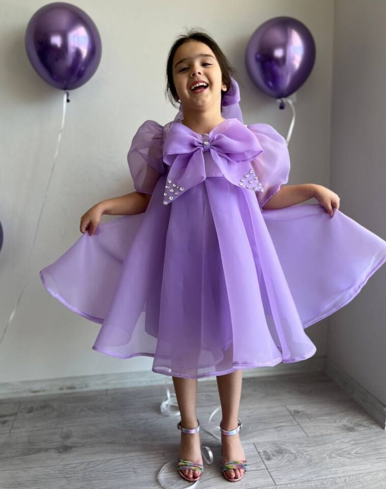 Prenses Lila Kız Çocuk Dans Elbisesi, Fiyonk Yaka Mor Merasim Abiye Elbisesi + Toka