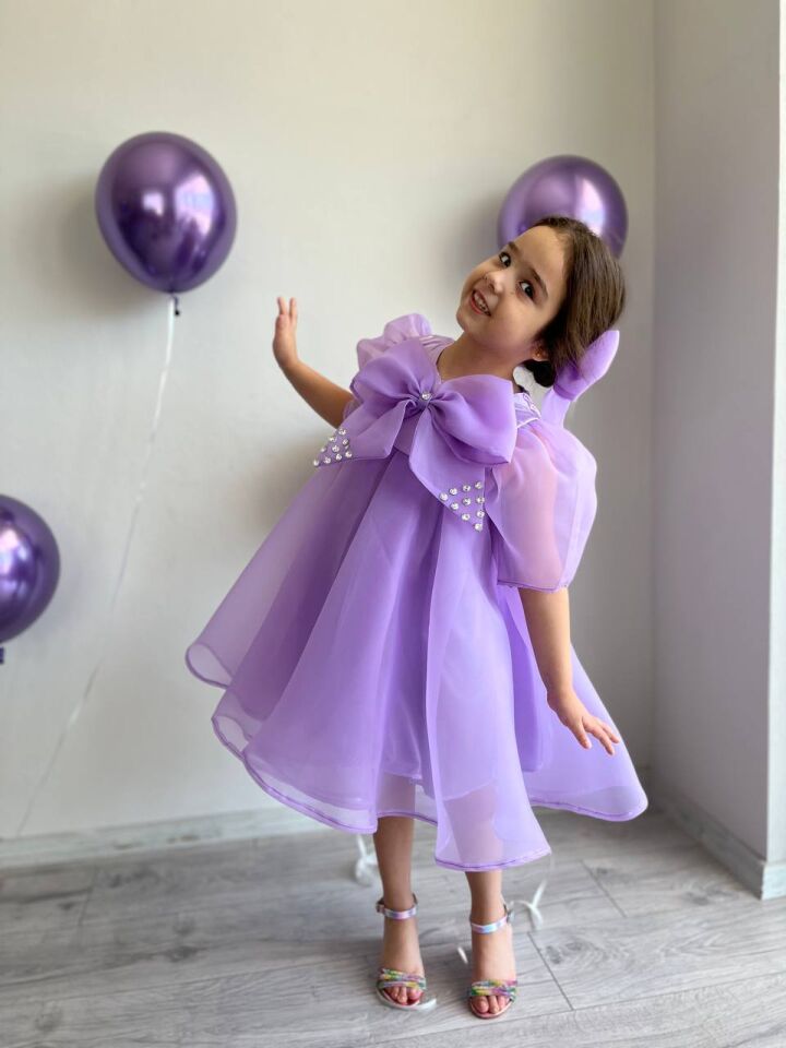 Prenses Lila Kız Çocuk Dans Elbisesi, Fiyonk Yaka Mor Merasim Abiye Elbisesi + Toka