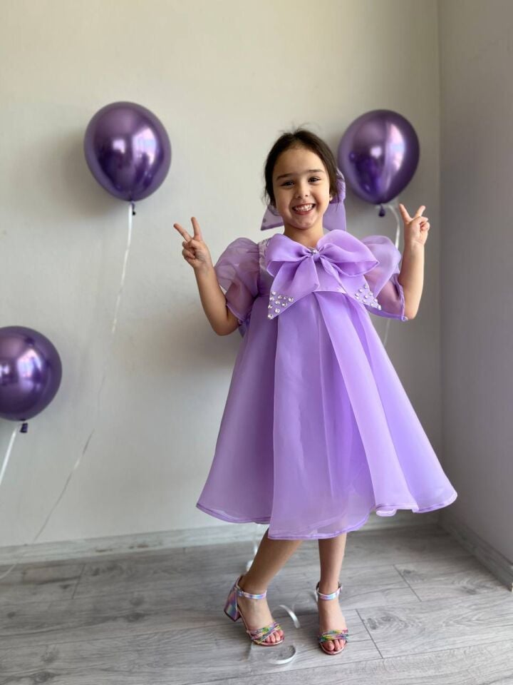 Prenses Lila Kız Çocuk Dans Elbisesi, Fiyonk Yaka Mor Merasim Abiye Elbisesi + Toka