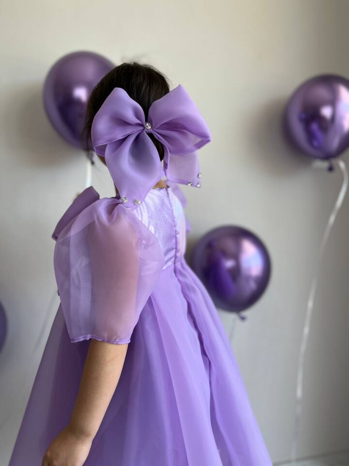 Prenses Lila Kız Çocuk Dans Elbisesi, Fiyonk Yaka Mor Merasim Abiye Elbisesi + Toka