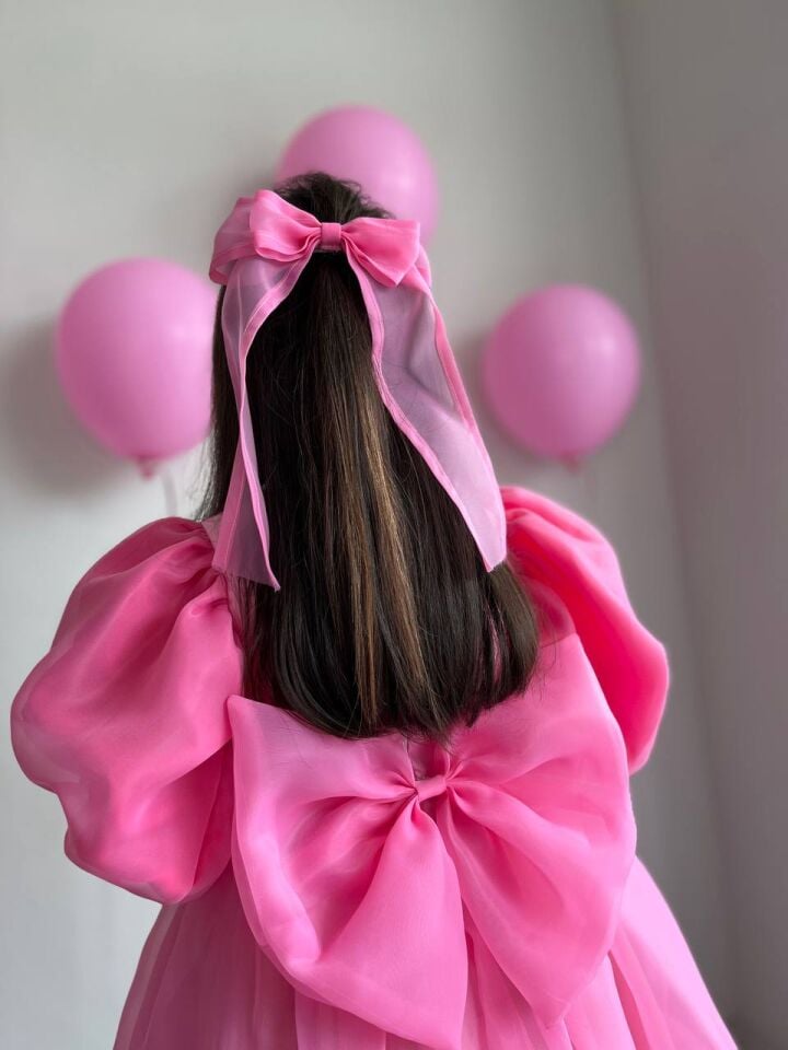 Kız Çocuk Pembe Kalp ve Fırfır Detaylı Karolin Prenses Doğum Günü Abiye Elbise + Çanta+ Toka