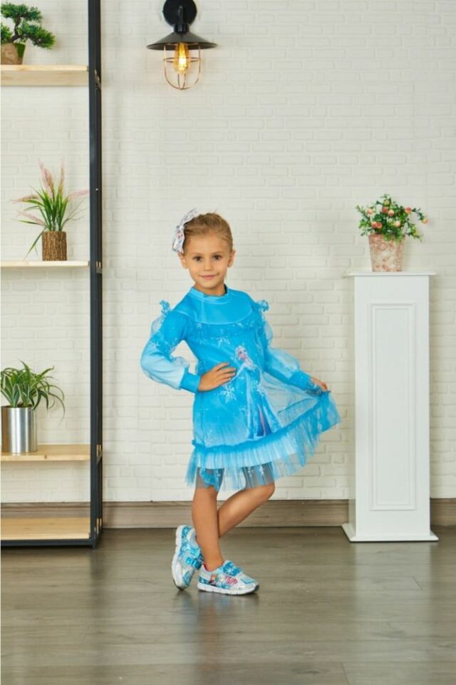 Mavi Elsa Tül Detaylı Toka Hediyeli Kışlık Uzun Kollu Kız Çocuk Doğum Günü Özel Gün Elsa Elbisesi