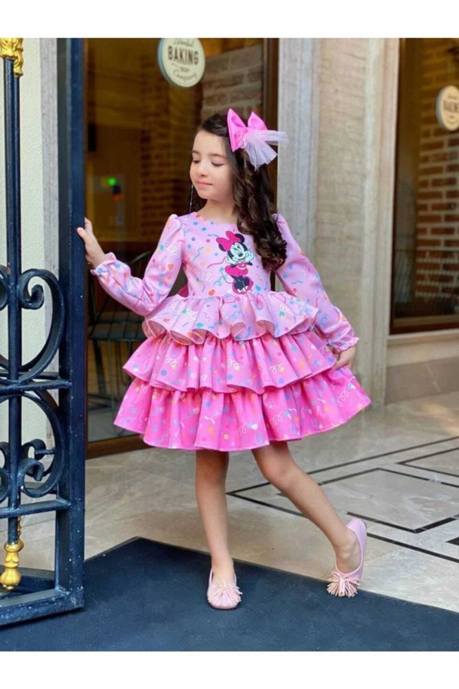 Pembe Kat Etek Modelli Uzun Kol Karakter Detaylı Toka Hediyeli Kız Çocuk Doğum Günü Elbisesi