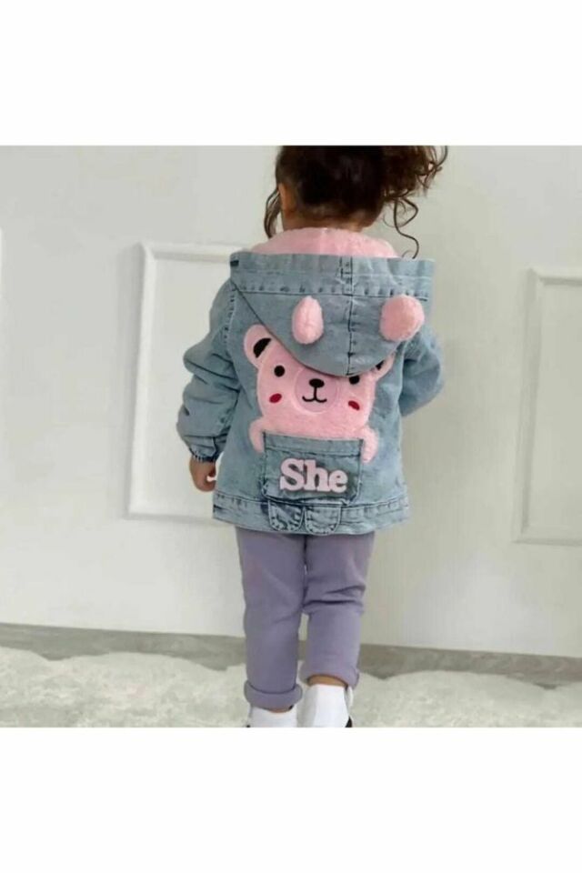 Kız Çocuk Pembe Ayıcık Detaylı Kot Mont