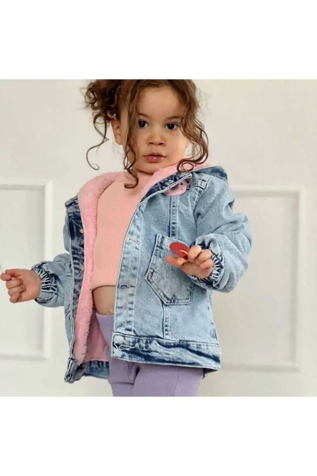 Kız Çocuk Pembe Ayıcık Detaylı Kot Mont