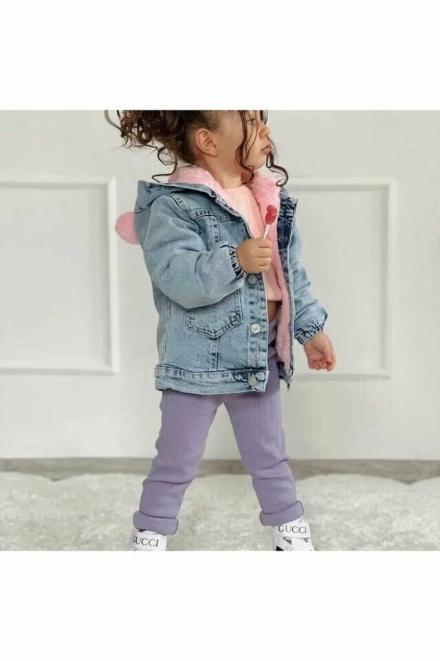 Kız Çocuk Pembe Ayıcık Detaylı Kot Mont
