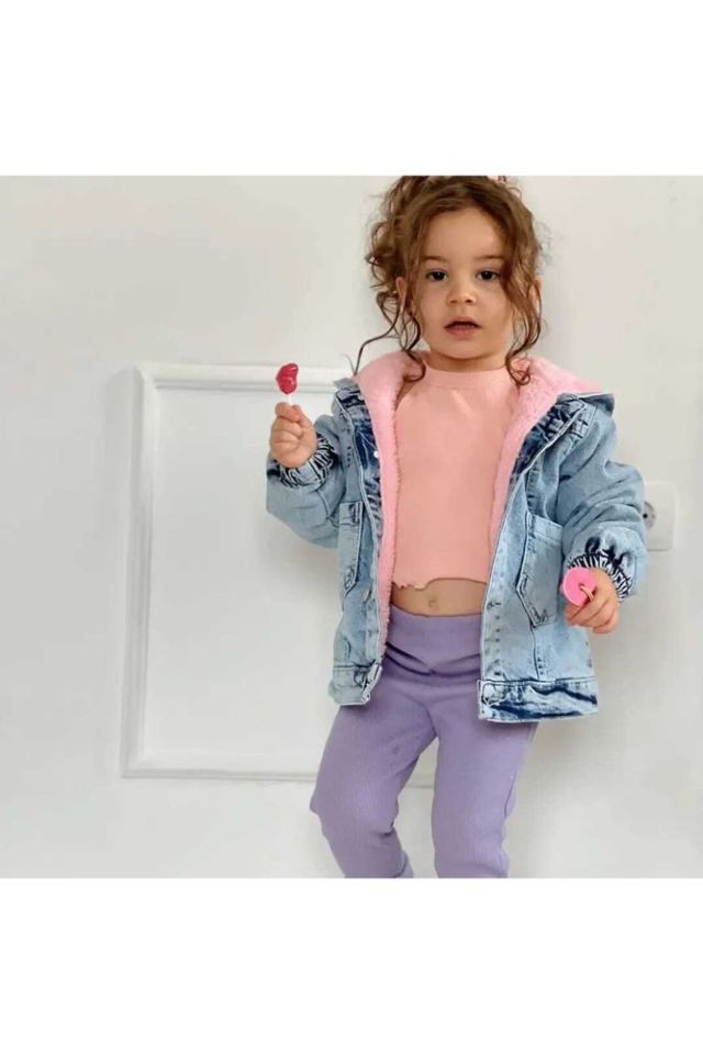 Kız Çocuk Pembe Ayıcık Detaylı Kot Mont