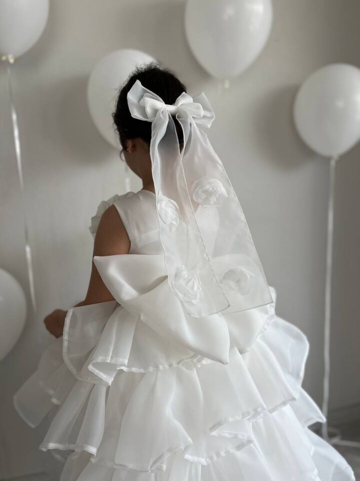 Kız Çocuk Krem Çıkarabilir Kuyruklu Sürünen Elbise Doğum Günü Kabarık Abiye + Toka + Çanta