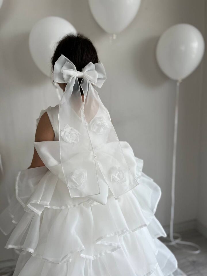 Kız Çocuk Krem Çıkarabilir Kuyruklu Sürünen Elbise Doğum Günü Kabarık Abiye + Toka + Çanta