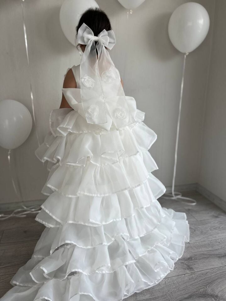 Kız Çocuk Krem Çıkarabilir Kuyruklu Sürünen Elbise Doğum Günü Kabarık Abiye + Toka + Çanta