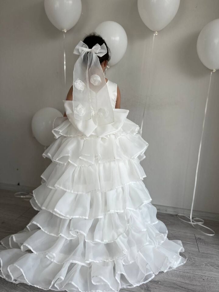 Kız Çocuk Krem Çıkarabilir Kuyruklu Sürünen Elbise Doğum Günü Kabarık Abiye + Toka + Çanta