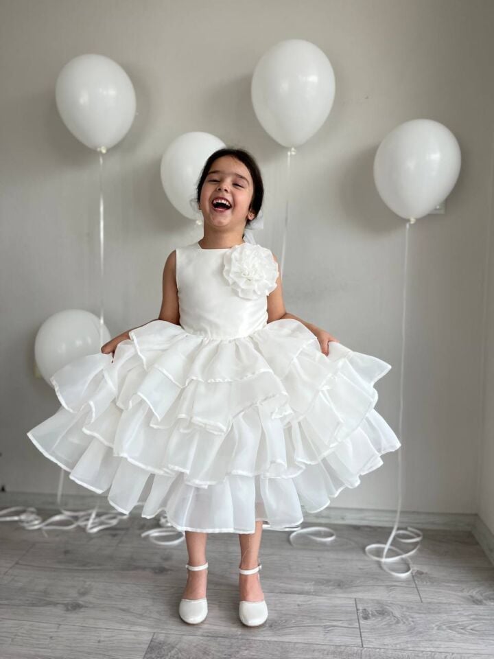 Kız Çocuk Krem Çıkarabilir Kuyruklu Sürünen Elbise Doğum Günü Kabarık Abiye + Toka + Çanta