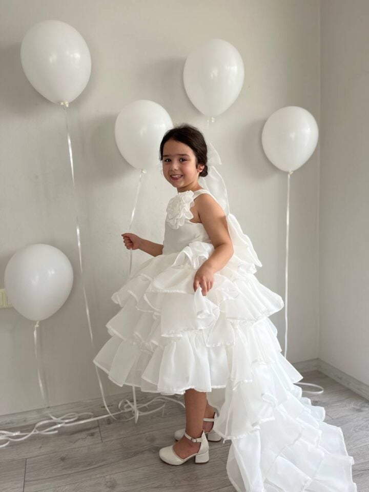 Kız Çocuk Krem Çıkarabilir Kuyruklu Sürünen Elbise Doğum Günü Kabarık Abiye + Toka + Çanta