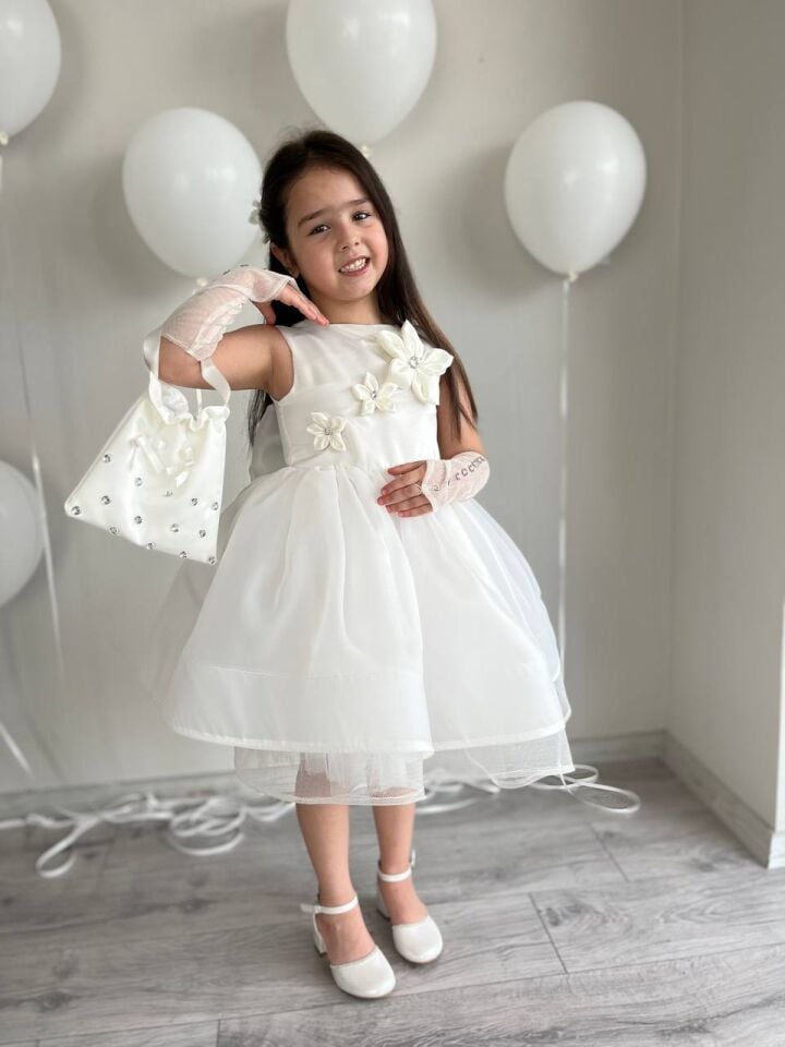 5 Parça Kırık Beyaz Kız Çocuk Kabarık Çiçek Motifli Abiye Düğün Elbisesi+ Eldiven+ Toka+Çanta