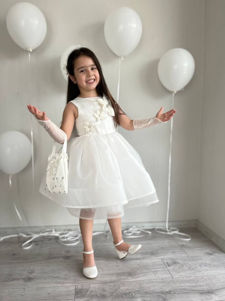 5 Parça Kırık Beyaz Kız Çocuk Kabarık Çiçek Motifli Abiye Düğün Elbisesi+ Eldiven+ Toka+Çanta