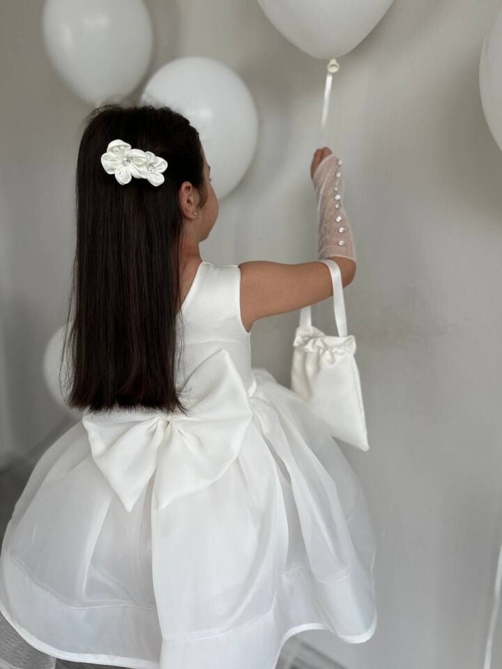 5 Parça Kırık Beyaz Kız Çocuk Kabarık Çiçek Motifli Abiye Düğün Elbisesi+ Eldiven+ Toka+Çanta