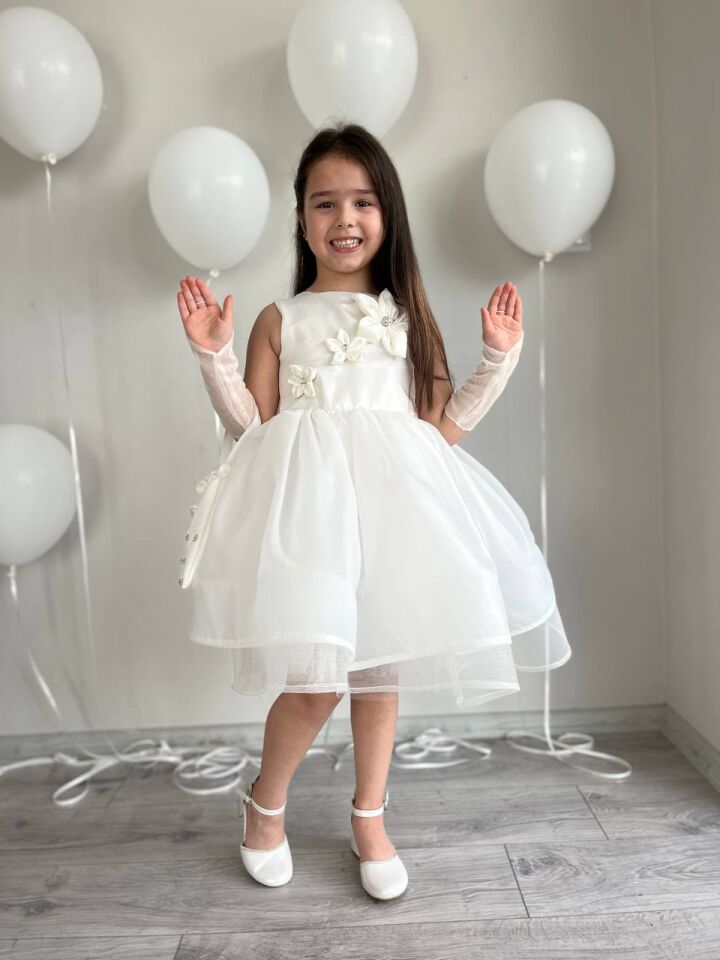 5 Parça Kırık Beyaz Kız Çocuk Kabarık Çiçek Motifli Abiye Düğün Elbisesi+ Eldiven+ Toka+Çanta