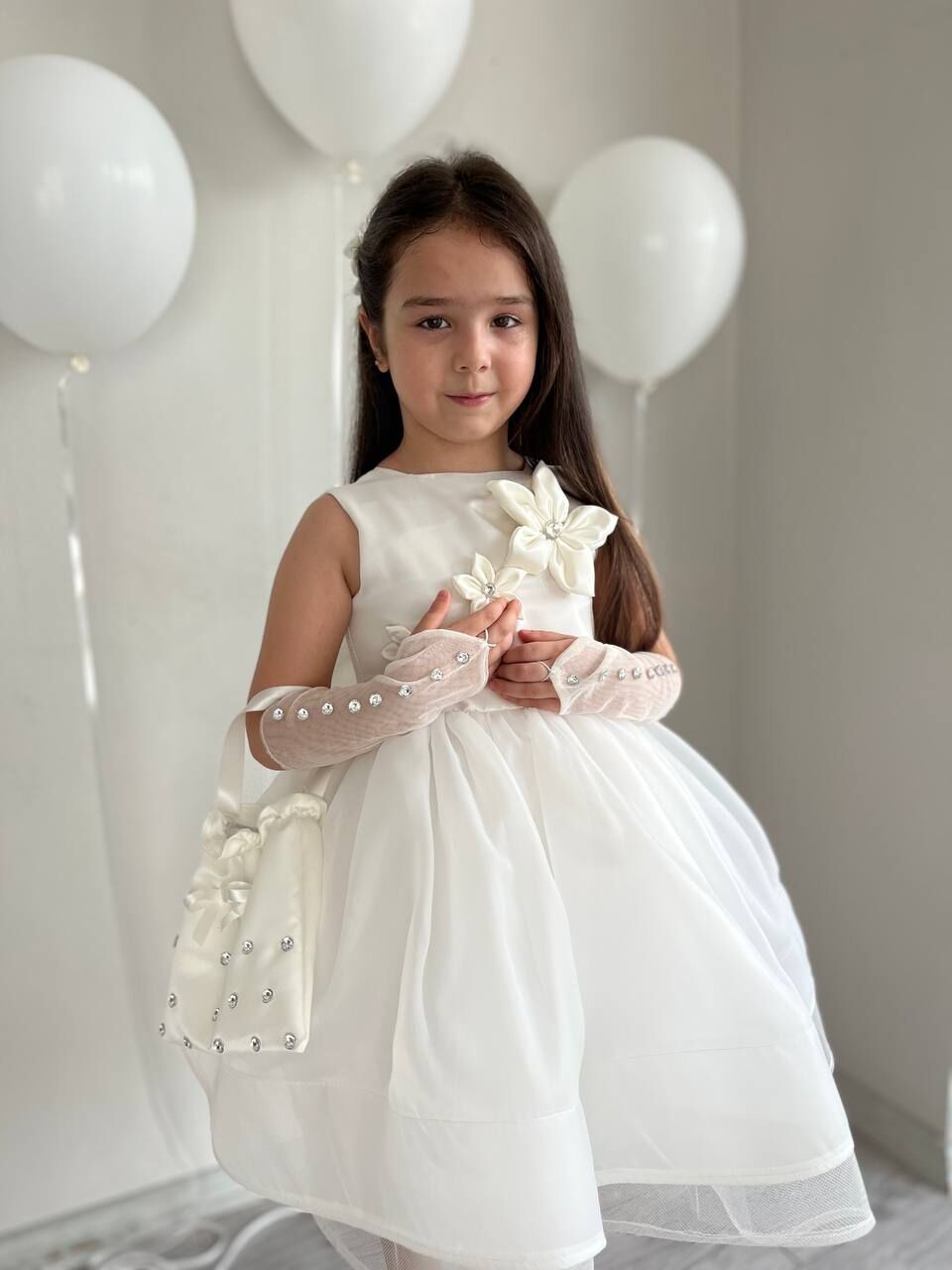 5 Parça Kırık Beyaz Kız Çocuk Kabarık Çiçek Motifli Abiye Düğün Elbisesi+ Eldiven+ Toka+Çanta