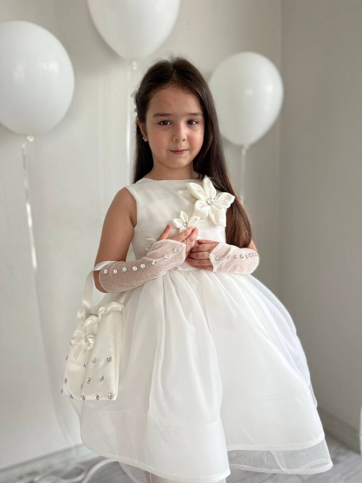 5 Parça Kırık Beyaz Kız Çocuk Kabarık Çiçek Motifli Abiye Düğün Elbisesi+ Eldiven+ Toka+Çanta