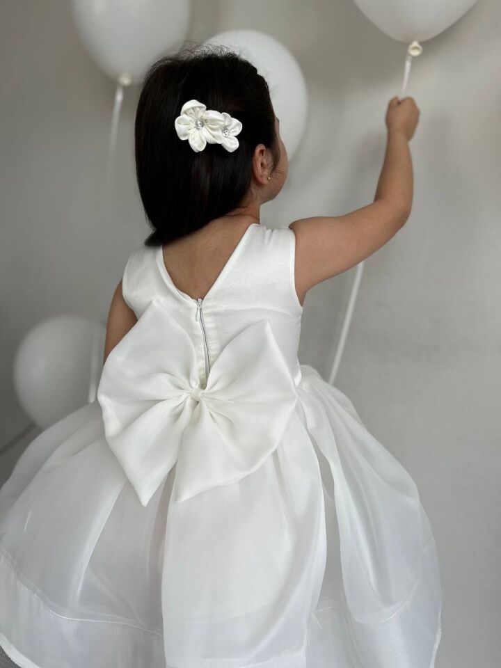 5 Parça Kırık Beyaz Kız Çocuk Kabarık Çiçek Motifli Abiye Düğün Elbisesi+ Eldiven+ Toka+Çanta