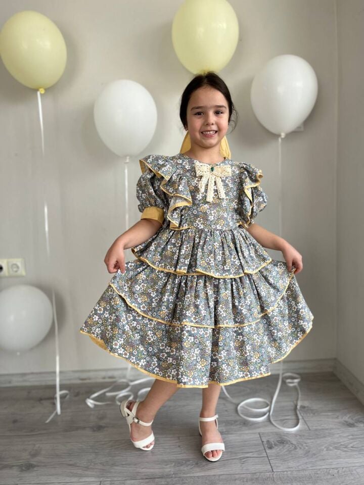 Kız Çocuk Sarı Çiçekli Vintage Çocuk Organik Elbise, Eteği Katlı Kabarık Özel Pamuklu Elbise+ Toka