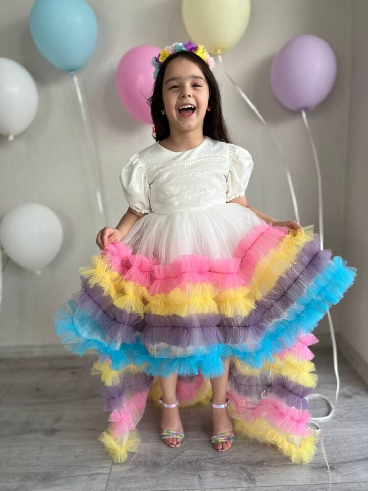 Kız Çocuk Unicorn Renkli Kuyruklu Prenses Parti Elbisesi + Toka