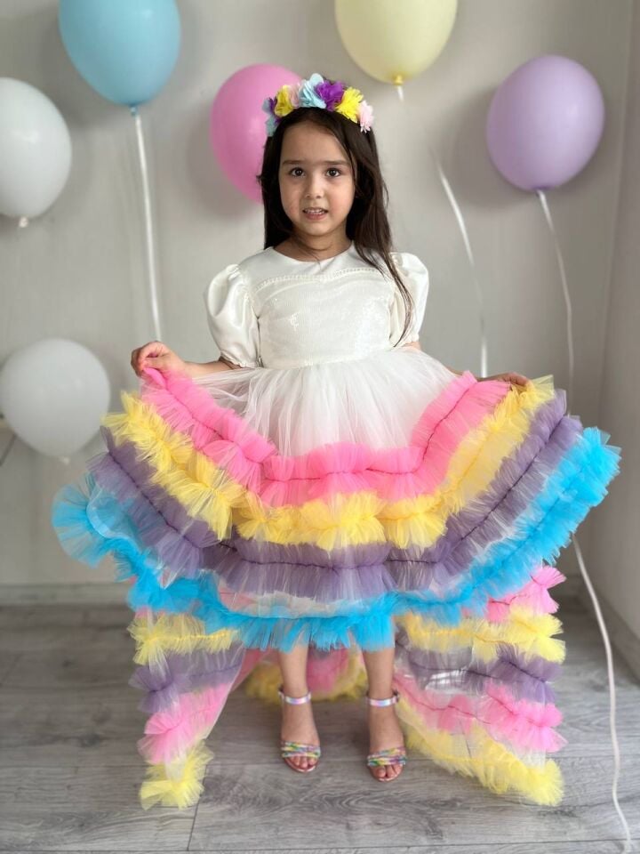 Kız Çocuk Unicorn Renkli Kuyruklu Prenses Parti Elbisesi + Toka