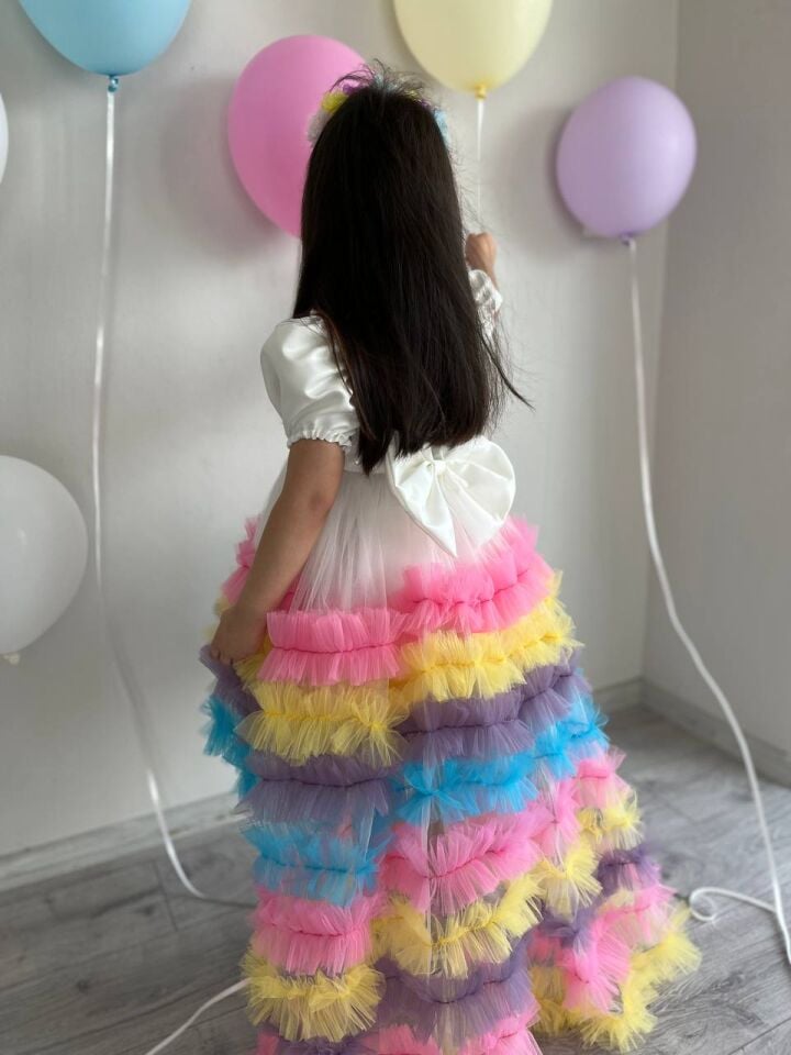 Kız Çocuk Unicorn Renkli Kuyruklu Prenses Parti Elbisesi + Toka