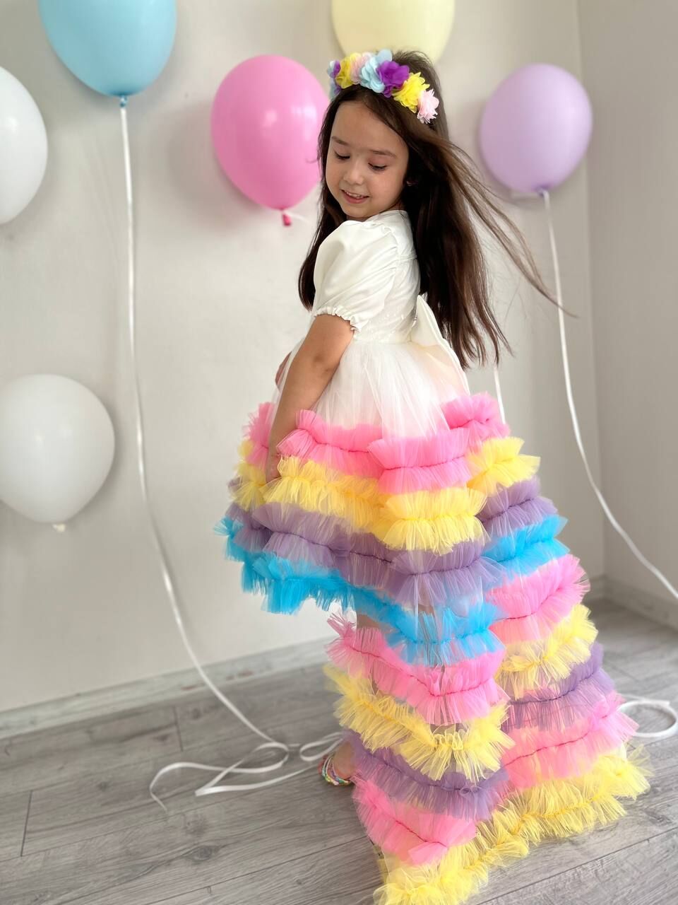 Kız Çocuk Unicorn Renkli Kuyruklu Prenses Parti Elbisesi + Toka