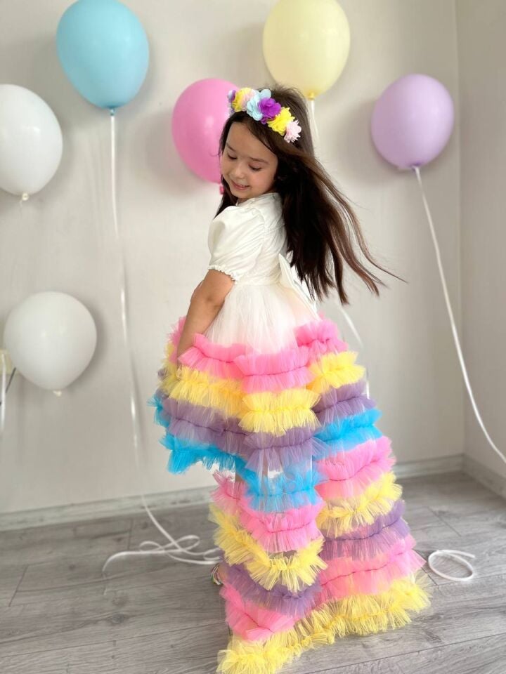 Kız Çocuk Unicorn Renkli Kuyruklu Prenses Parti Elbisesi + Toka