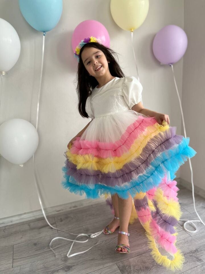 Kız Çocuk Unicorn Renkli Kuyruklu Prenses Parti Elbisesi + Toka