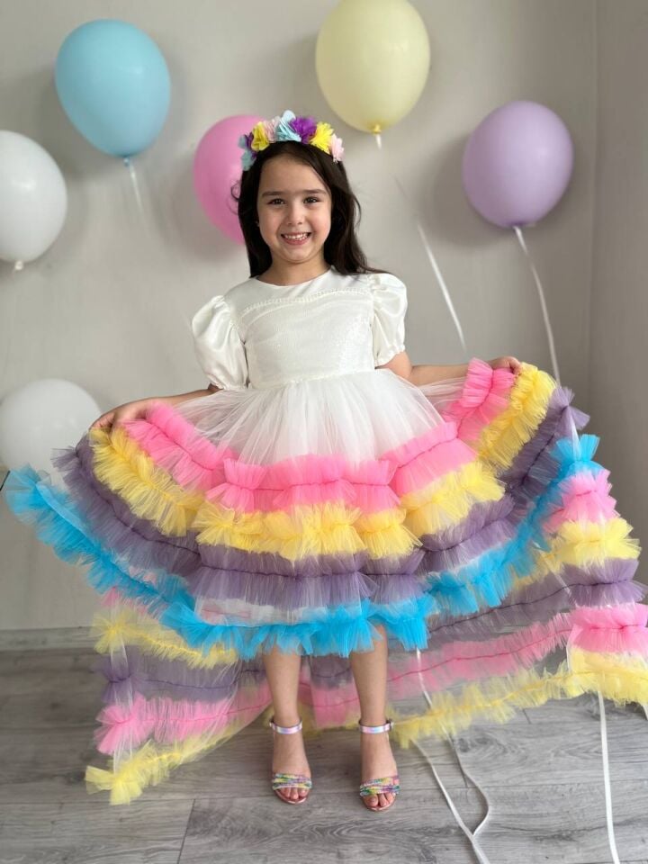 Kız Çocuk Unicorn Renkli Kuyruklu Prenses Parti Elbisesi + Toka