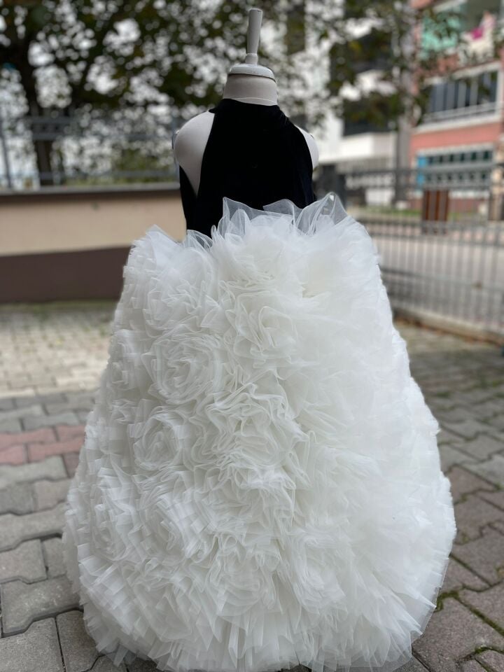 Kız Çocuk  Tarlatanlı Kabarık Tütü İşlemeli Elbise+ Eldiven+ Toka