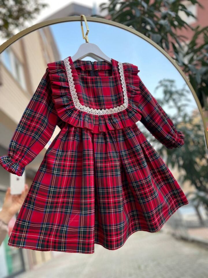 Kız Çocuk Kırmızı Ekose Kareli Kalın Pamuklu Günlük Şık Elbise