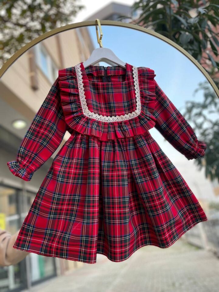 Kız Çocuk Kırmızı Ekose Kareli Kalın Pamuklu Günlük Şık Elbise