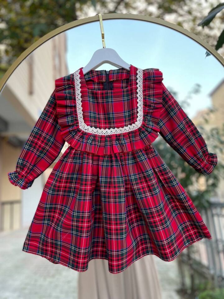 Kız Çocuk Kırmızı Ekose Kareli Kalın Pamuklu Günlük Şık Elbise