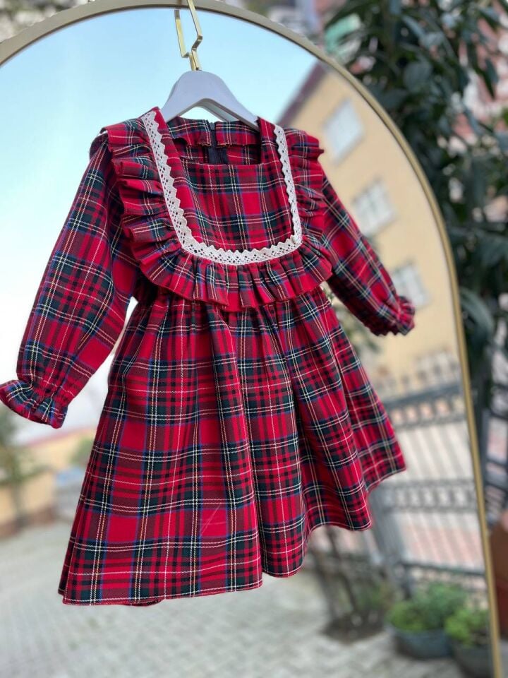 Kız Çocuk Kırmızı Ekose Kareli Kalın Pamuklu Günlük Şık Elbise