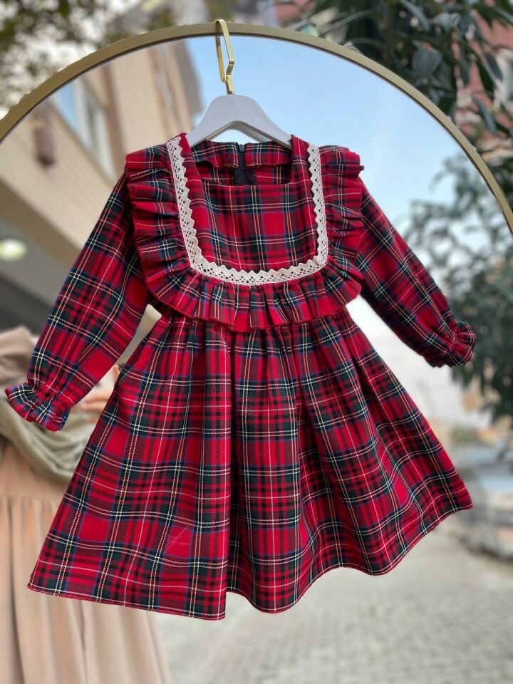Kız Çocuk Kırmızı Ekose Kareli Kalın Pamuklu Günlük Şık Elbise