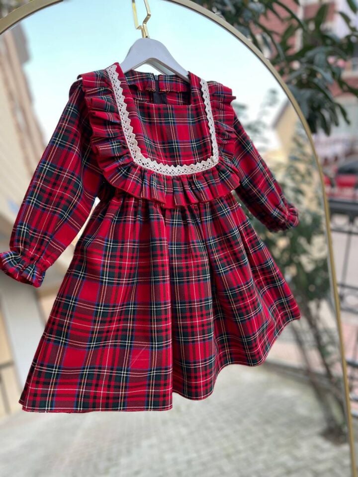 Kız Çocuk Kırmızı Ekose Kareli Kalın Pamuklu Günlük Şık Elbise